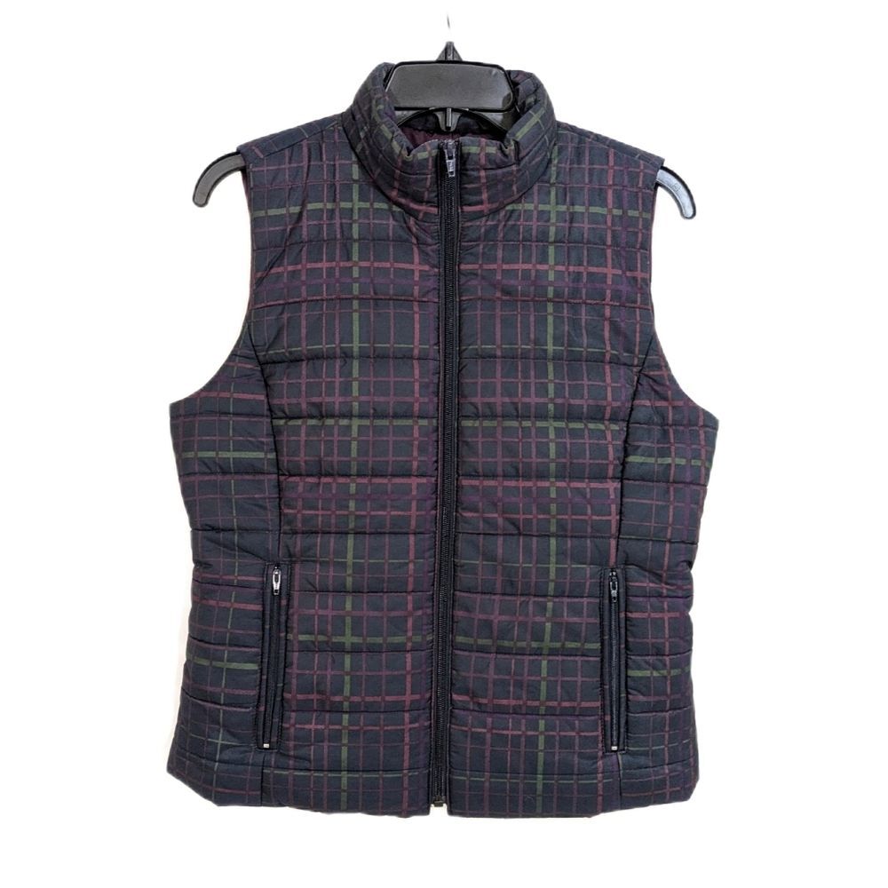 LOFT Plaid Winter Puffer Vest - Size Small Navy Blue Burgundy Green Jacket Coat